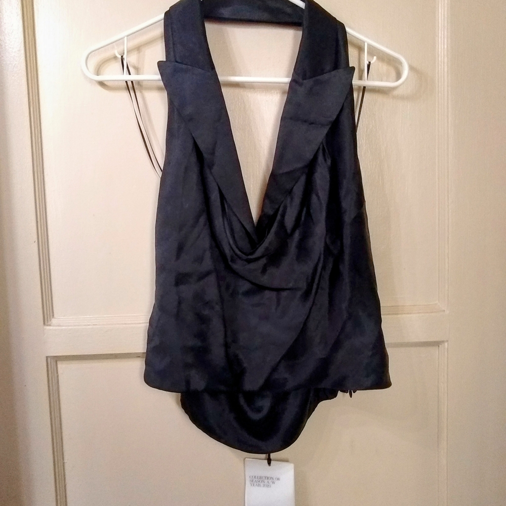 NWT Zara Black Satin Effect Halter Top Lapel Collar Plunge Neck Women Medium M